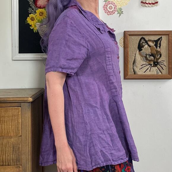 Flax (Jeanne Engelhart) Purple Linen Blouse, Swingy Short Sleeve Lavender Top L - Picture 6 of 10